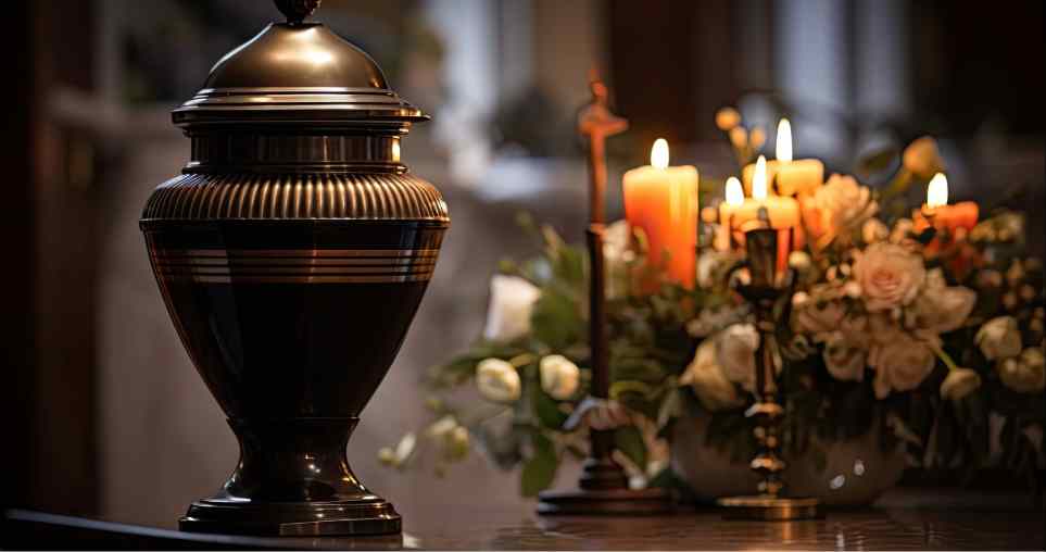 Detalhe de ambiente de homenagem com vaso fúnebre decorado para quem não pode ser cremado.